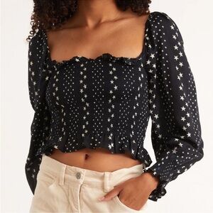 LoveShackFancy Smocked Puff Sleeve Blouse Black White Star Print Size Small